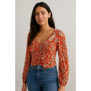 Free People Say The Word Top Womens Small Orange Floral Ruched Crop Cottage Boho